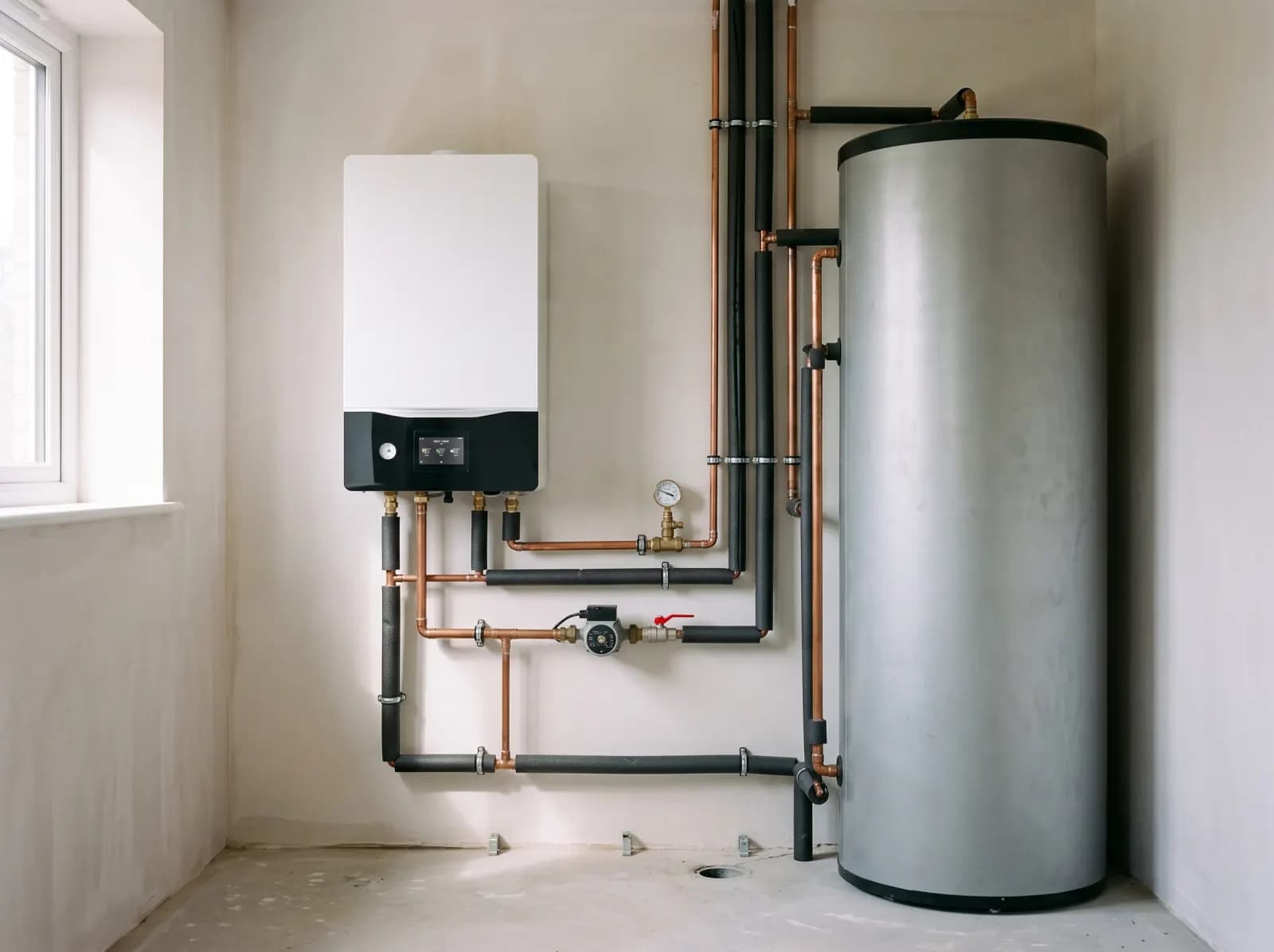 Modul hidrobox montat pe perete, lângă un boiler de apă caldă existent