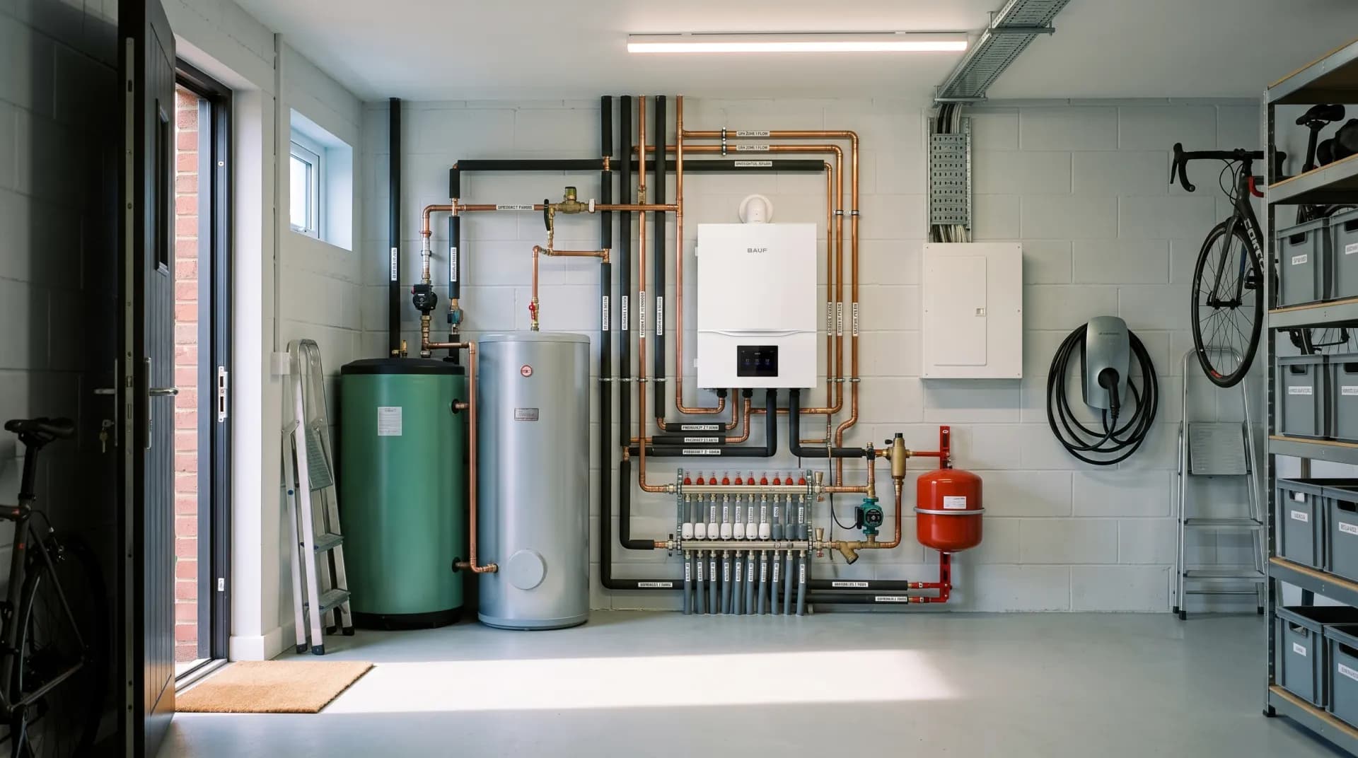 Centrală termică cu pompă de căldură, puffer, boiler, distribuitor, grup de siguranță și conexiuni electrice
